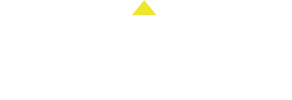 Text "YOUR PATH TO FREE GLASS" is bold and white, surrounded by directional triangles, on a transparent background. A yellow triangle sits above the text, providing a focal point.