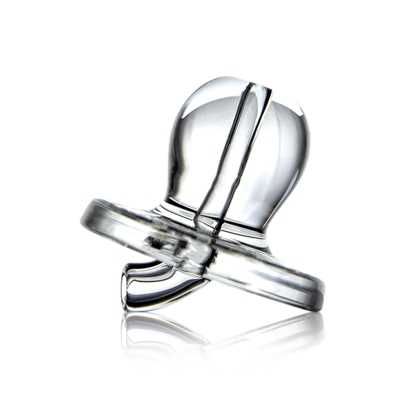 Transparent silicone baby bottle nipple set against a plain black background, resting on its side with a glossy surface reflection.