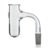 A transparent glass banger, curved with a cylindrical top, transitions into a conical frosted joint, isolated against a white background.