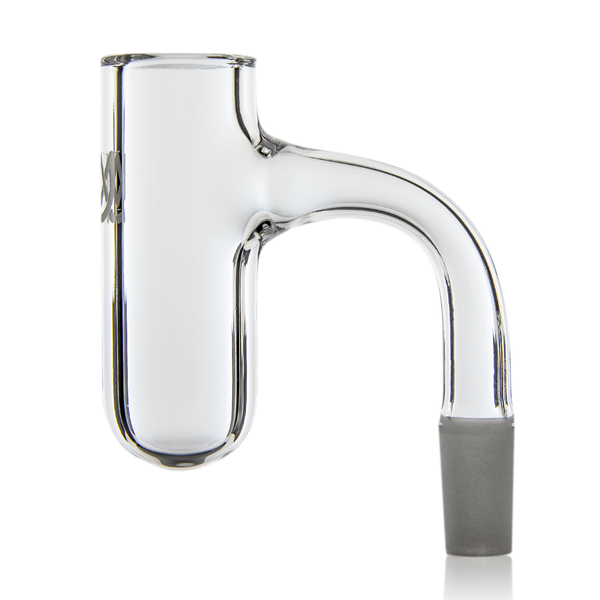 A transparent glass banger, curved with a cylindrical top, transitions into a conical frosted joint, isolated against a white background.