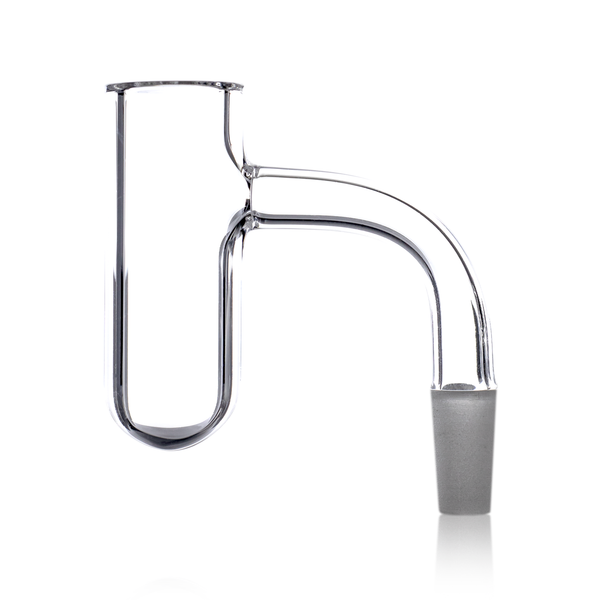 A transparent glass piece extends upward and curves with a wide-mouthed opening, connected to a tapered base fitting; set against a plain white background.