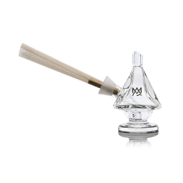 Glass structure resembling a pyramid holds a wooden cone-shaped joint. "MJ" logo visible on the glass. White background highlights the design.