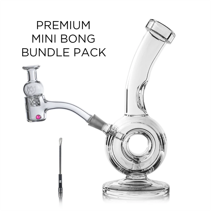 A clear glass bong with a circular base is shown, accompanied by a slender metal tool. Text reads: