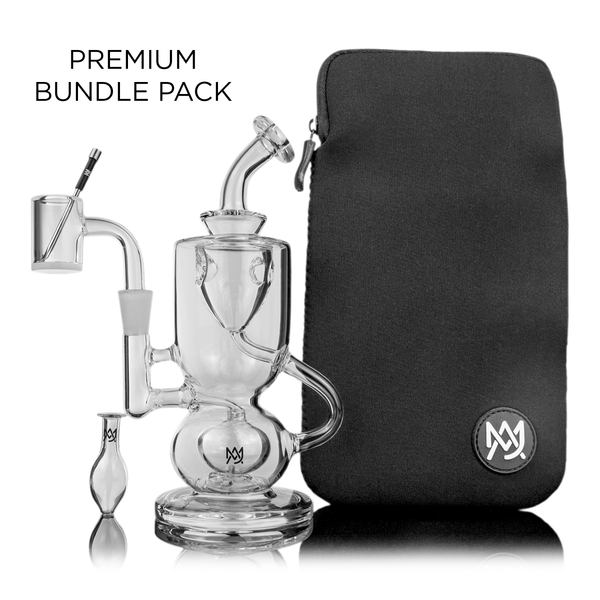 Glass water pipe with intricate curves stands beside a black zippered carrying case. Text reads "PREMIUM BUNDLE PACK." A small glass accessory lies nearby. The logo is visible on both items.