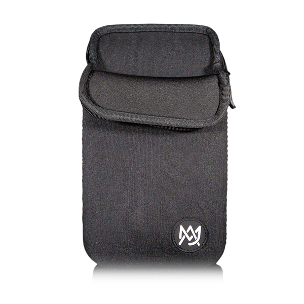 A black fabric pouch with a flap is resting upright. It features a round logo with stylized white letters ""MJ"" in the bottom corner, against a white background.