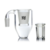 Glass attachment with a curved arm and frosted connector, bearing a logo. Accompanied by a separate cylindrical stopper, all set against a plain white background.