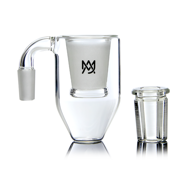 Glass attachment with a curved arm and frosted connector, bearing a logo. Accompanied by a separate cylindrical stopper, all set against a plain white background.