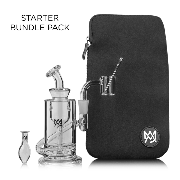 Glass smoking apparatus with an attached dab tool, small additional piece, and black carrying case displaying a logo. Text: "STARTER BUNDLE PACK."